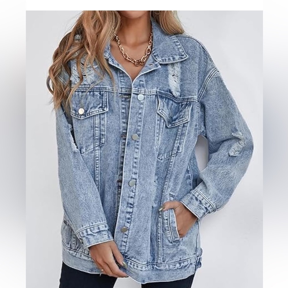 Women's long oversized denim jacket boyfriend ripped distressed jean jacket new